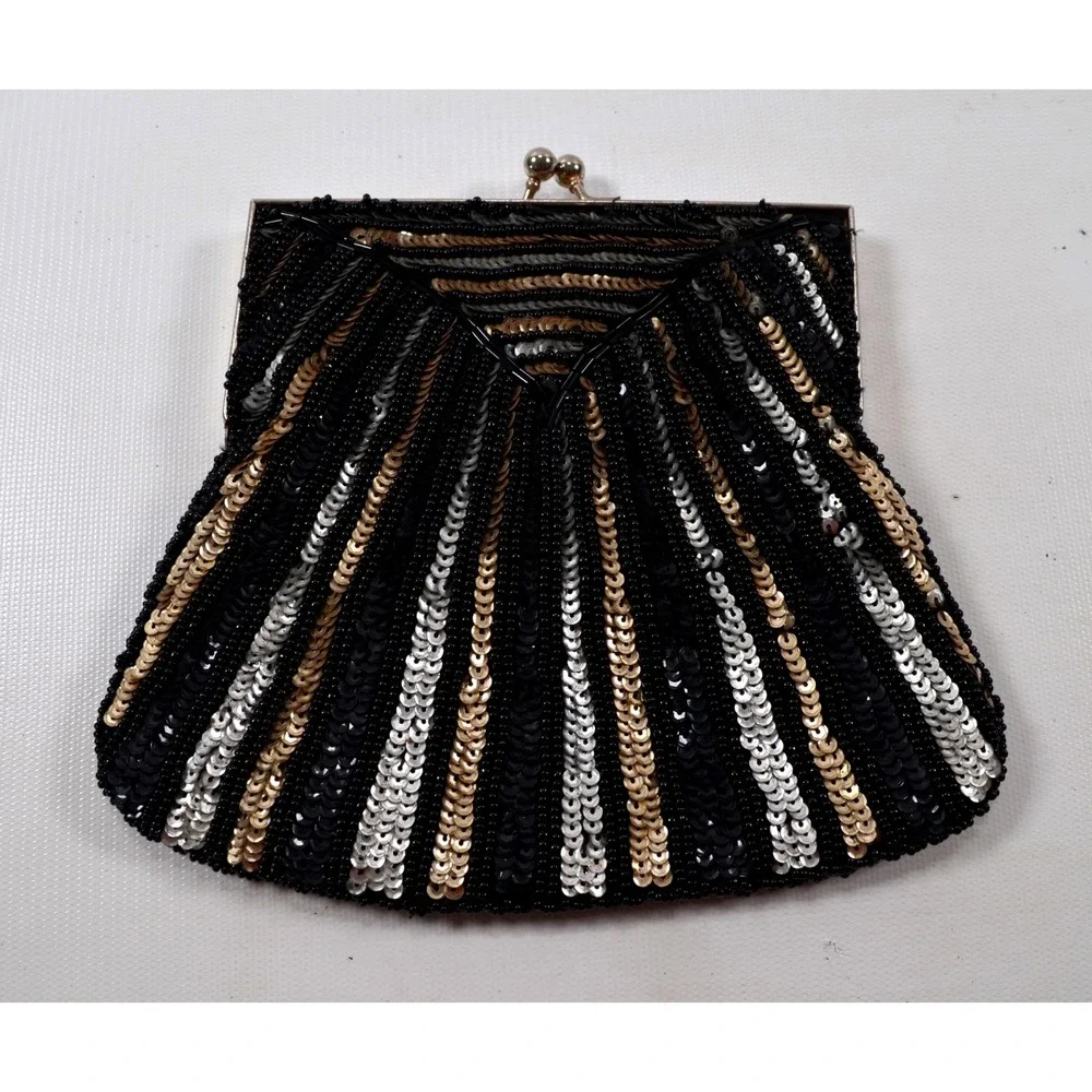 Vtg Gold Silver Sequined Beaded Handbag Purse Evening Purse Handmade Hong Kong